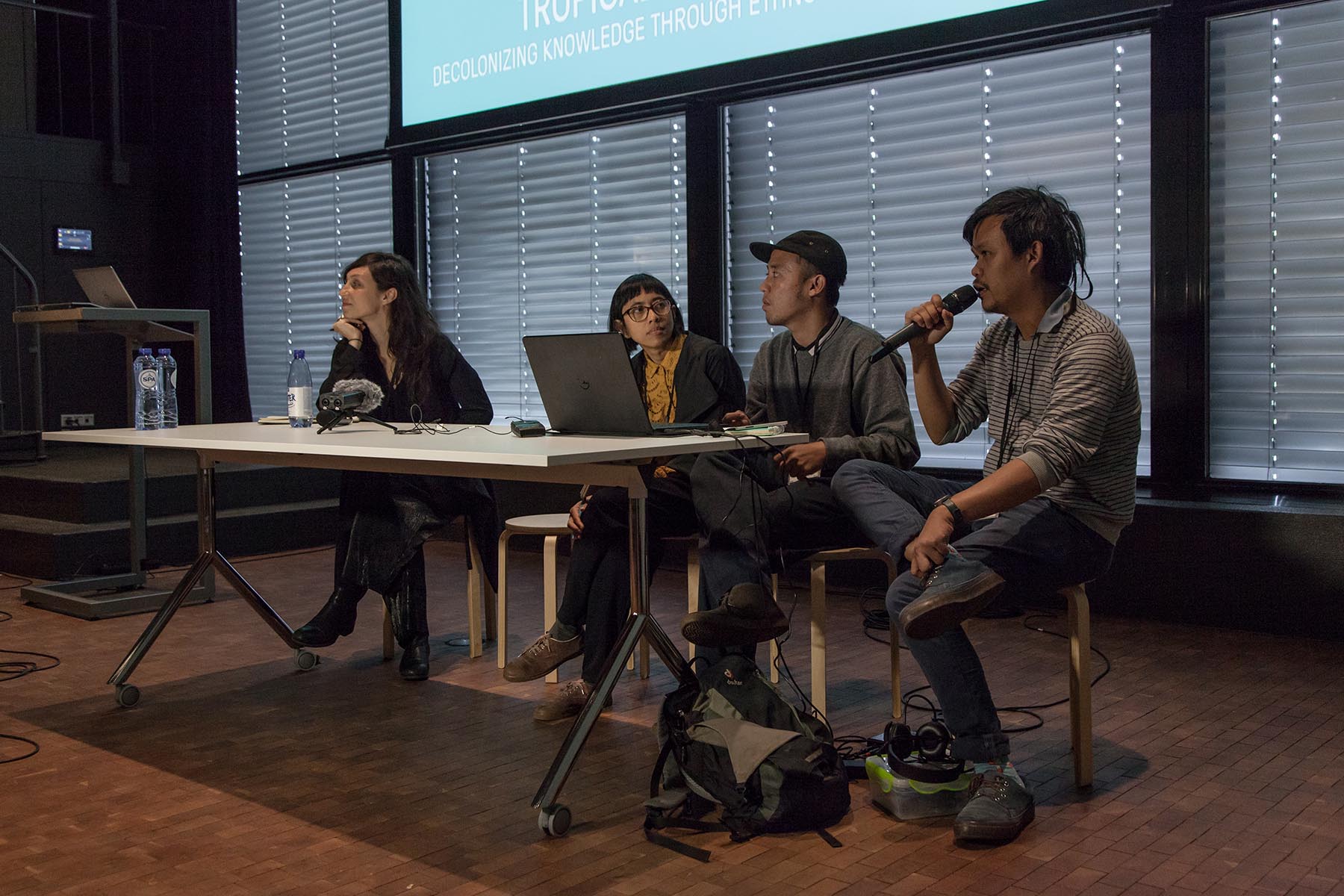 KUNCI members Nuraini Juliastuti, Ferdiansyah Thajib and Fiky Daulay together with Heterotropics curator Sara Giannini. Ph: Konstantin Guz